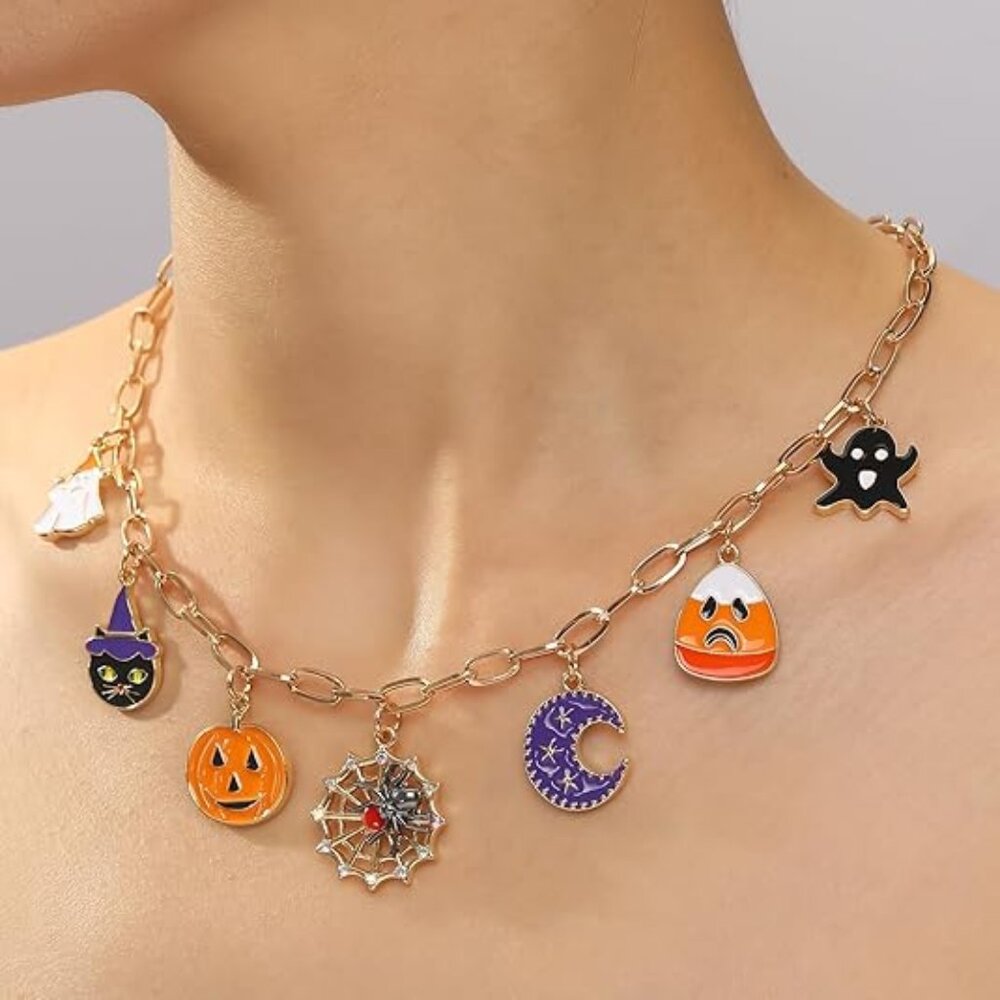 Halloween Pumpkin Cat Ghost Skull Gold Charm Necklace